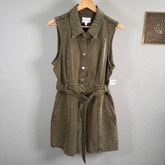 Avec Les Filles Pants - Avec Les Filles Denim Romper Olive Green Sleeveless Belted Utility Snap‎ Front L